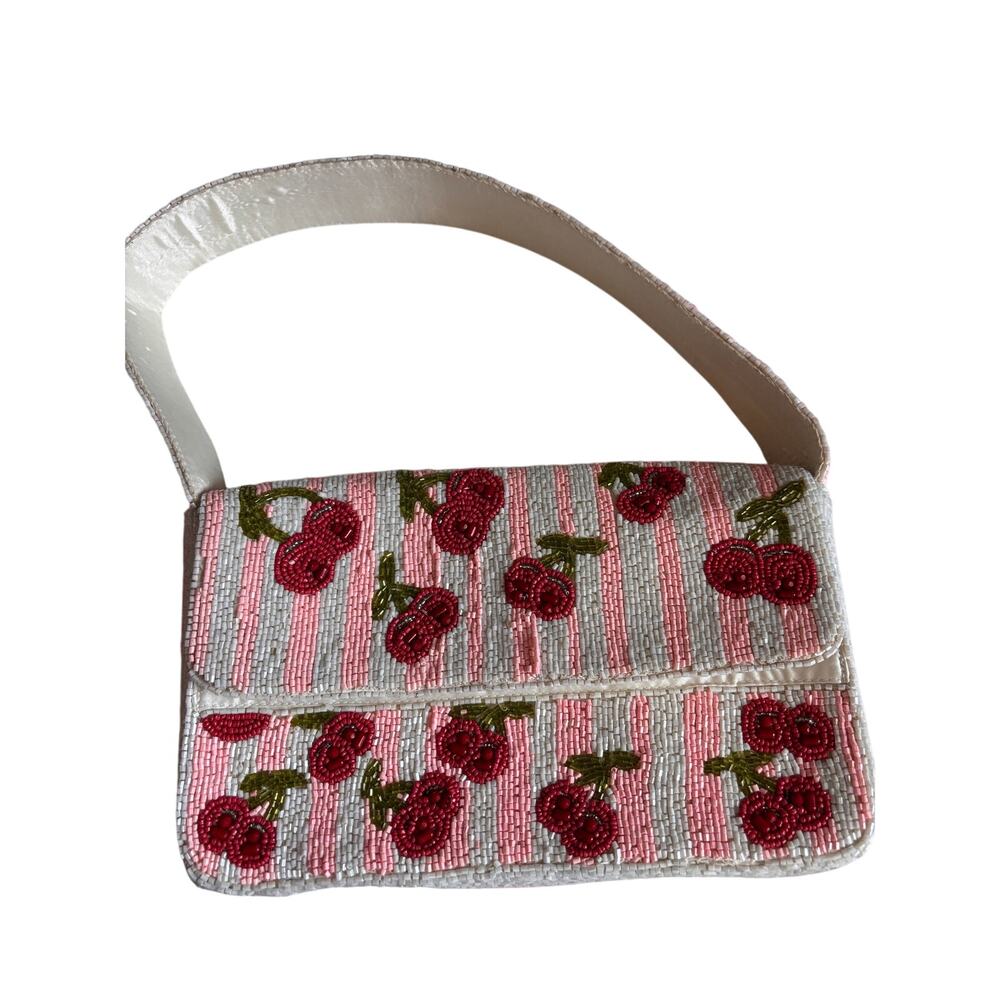 Seed beads cherry striped bag/purse cottagecore holidaycore